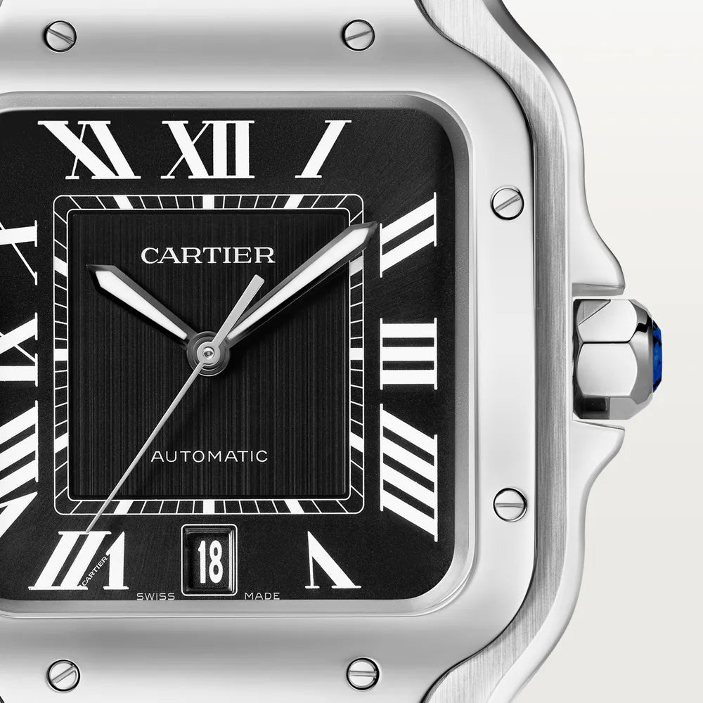 Cartier Santos Chronograph-Uhr aus Edelstahl mit schwarzem Zifferblatt