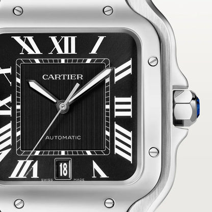 Cartier Santos Chronograph-Uhr aus Edelstahl mit schwarzem Zifferblatt