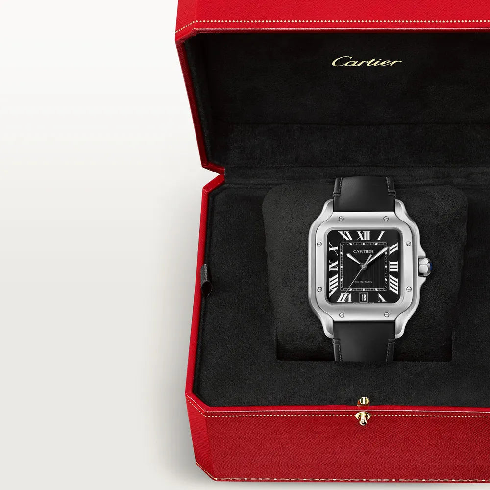 Cartier Santos Chronograph-Uhr aus Edelstahl mit schwarzem Zifferblatt