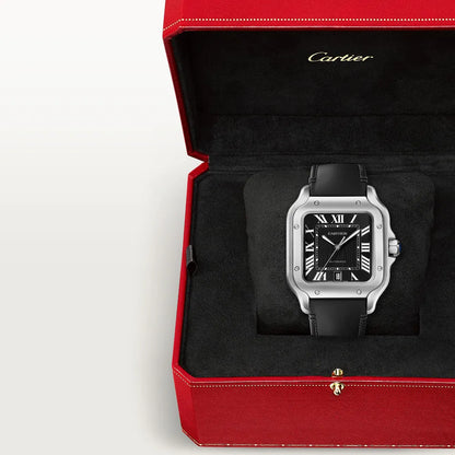 Cartier Santos Chronograph-Uhr aus Edelstahl mit schwarzem Zifferblatt
