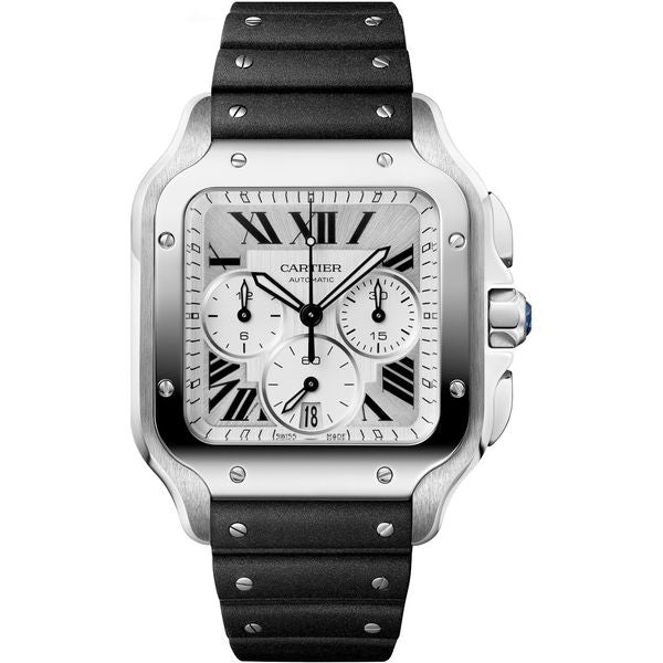 Cartier Santos Chronograph-Uhr aus Edelstahl mit schwarzem Zifferblatt