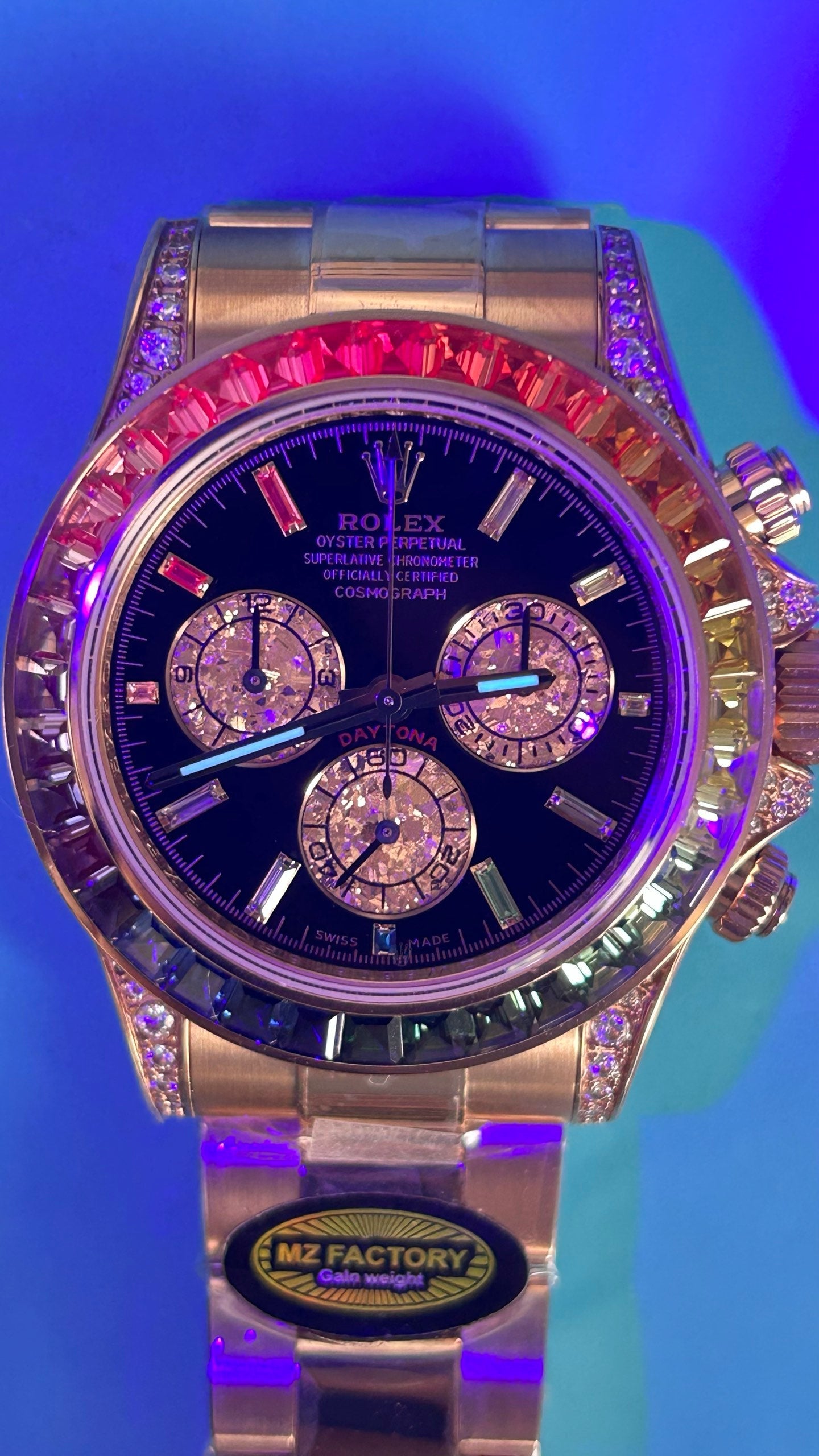 Rolex Daytona 'Rainbow' MZ SUPER CLONE Rose Gold Black Dial Sapphire Bezel