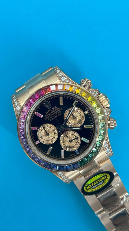 Rolex Daytona 'Rainbow' MZ SUPER CLONE Rose Gold Black Dial Sapphire Bezel